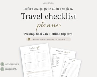 旅行プランナー（印刷可能）：持ち物リスト、旅程、予算、最終24時間チェックリスト、オフラインカード付き