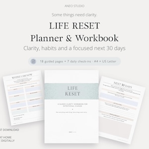 May include: A digital Life Reset Planner & Workbook by Aneo Studio featuring 18 guided pages and 7 daily check-ins in A4 and US Letter sizes. The document includes sections titled Where I Am Now and Next 30 Days for tracking habits and clarity.