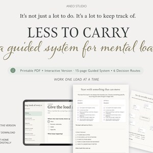 Pode incluir: Um sistema guiado digital para gestão de carga mental intitulado LESS TO CARRY da ANEO STUDIO. O conjunto inclui um PDF imprimível, uma versão interativa, 15 páginas e 6 rotas de decisão. A imagem mostra um tablet e duas páginas impressas.