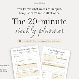 Pode incluir: Um planejador semanal digital com o texto "The 20-minute weekly planner" e o slogan "You know what needs to happen. You just can't see it all at once." O planejador inclui páginas de planejamento e um guia de uso.