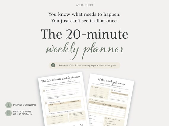 20-Minute Weekly Planner Printable, Simple Weekly Planning System for Busy Weeks, Priorities Planner, Time Clarity Tool, Reusable PDF