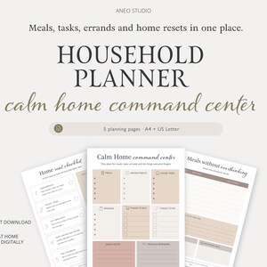 Pode incluir: Um conjunto de planejador doméstico digital com páginas A4 e US Letter. O texto diz ANEO STUDIO, Meals, tasks, errands and home resets in one place, HOUSEHOLD PLANNER, calm home command center, 5 planning pages, INSTANT DOWNLOAD, PRINT AT HOME OR USE DIGITALLY.