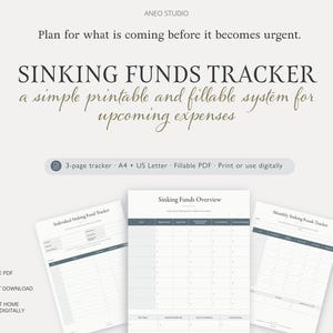 Pode incluir: Um conjunto de rastreador de fundos de reserva digital com três páginas imprimíveis, cabeçalhos cinza-escuro e fundos brancos. O texto inclui ANEO STUDIO, SINKING FUNDS TRACKER, um sistema simples imprimível e preenchível para despesas.