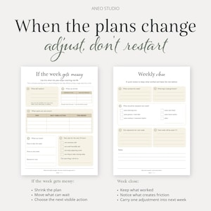 以下が含まれることがあります： 「When the plans change, adjust, don't restart」のテキストが入った2ページのプランナー。左ページは「If the week gets messy」、右ページは「Weekly close」と書かれています。ページはベージュの背景に黒い文字で書かれています。