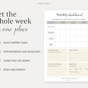 以下が含まれることがあります： 「Weekly dashboard」と「Set the whole week in one place」の文字が入った、週ごとのダッシュボードプランナー。タスク、予定、エネルギーレベルのセクションが含まれています。デザインはミニマリストで、ニュートラルなカラーパレットです。