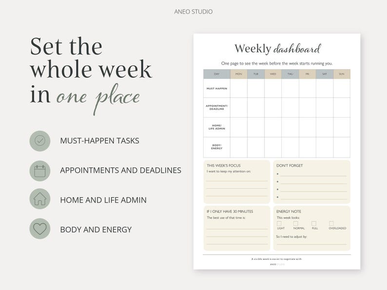 以下が含まれることがあります： 「Weekly dashboard」と「Set the whole week in one place」の文字が入った、週ごとのダッシュボードプランナー。タスク、予定、エネルギーレベルのセクションが含まれています。デザインはミニマリストで、ニュートラルなカラーパレットです。