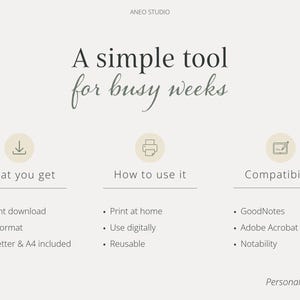 以下が含まれることがあります： 「A simple tool for busy weeks」のテキストが入った、クリーム色のデジタルプランナーの広告。画像には、インスタントダウンロード、PDF形式、USレターとA4が含まれています。GoodNotes、Adobe Acrobat、Notabilityに対応しています。
