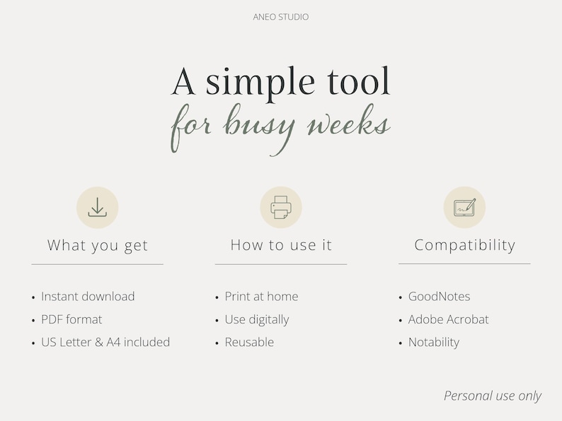 以下が含まれることがあります： 「A simple tool for busy weeks」のテキストが入った、クリーム色のデジタルプランナーの広告。画像には、インスタントダウンロード、PDF形式、USレターとA4が含まれています。GoodNotes、Adobe Acrobat、Notabilityに対応しています。
