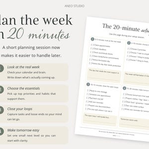 以下が含まれることがあります： 「20分で週を計画する」と「20分セットアップ」というテキストが書かれた白い紙。ページには、番号付きの手順とタスクと優先順位のチェックリストを含む、計画用のセクションが含まれています。
