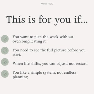 以下が含まれることがあります： 「This is for you if...」のテキストと4つの箇条書きがあるクリーム色のグラフィック。箇条書きは、複雑にしない計画、全体像の把握、変化への適応、シンプルなシステムを好むことを説明しています。