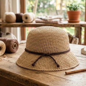 Könnte beinhalten: Ein beigefarbener gehäkelter Sonnenhut mit braunem Band und Schleife liegt auf einem Holztisch. Mehrere Garnrollen in verschiedenen Braun- und Beigetönen sind um den Hut herum angeordnet. Ein Häkelhaken aus Holz liegt daneben.