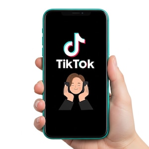 May include: A smartphone with a teal case displays the TikTok logo on a black screen. The logo features a white musical note with red and blue accents. Below the logo, the word "TikTok" is written in white. A cartoon image of a person is also on the screen.
