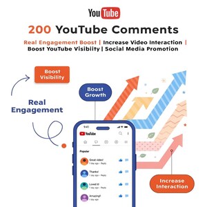 Könnte beinhalten: Werbung für YouTube-Kommentare. Das Bild zeigt ein Smartphone mit geöffneter YouTube-Oberfläche und Kommentaren. Es enthält das YouTube-Logo, Pfeile nach oben und den Text: "200 YouTube-Kommentare" und "Echte Engagement-Steigerung."