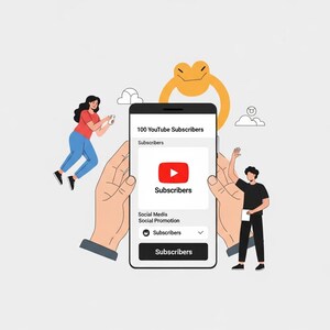 May include: Illustration of a smartphone displaying "100 YouTube Subscribers" and a red play button. Two people and a gold ring are also in the image. The phone is held by two hands. The theme is social media promotion.