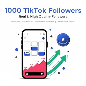 Könnte beinhalten: Eine Illustration, die TikTok-Follower bewirbt. Das Bild zeigt ein Smartphone mit einem Diagramm mit steigenden Zahlen, einen blauen Kreis mit einem Stern und grüne Pfeile, die nach oben zeigen. Der Text enthält "1000 TikTok Followers".