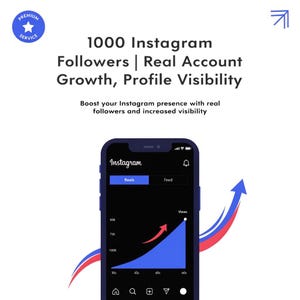 Könnte beinhalten: Werbebild für Instagram-Wachstumsdienste. Der Text lautet: "1000 Instagram-Follower | Echtes Kontowachstum, Profilsichtbarkeit". Ein Smartphone zeigt eine Instagram-Oberfläche mit einem Diagramm, das steigende Aufrufe anzeigt.