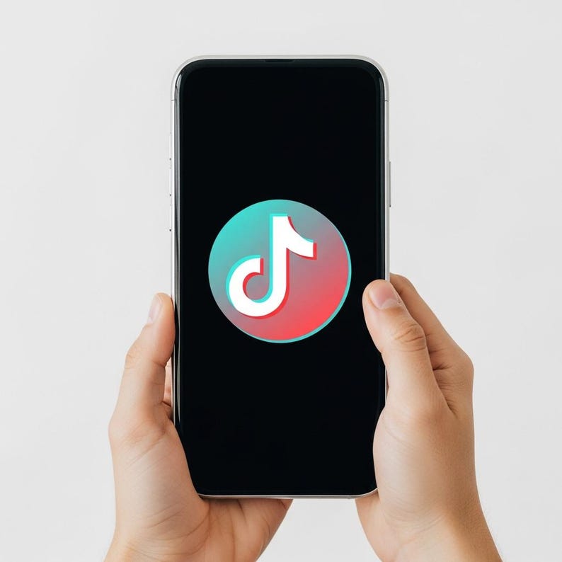 May include: A smartphone displaying the TikTok logo. The logo features a white musical note on a gradient background of red, pink, and teal. The phone is held in two hands against a white backdrop.