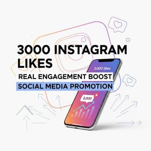 Könnte beinhalten: Ein Smartphone zeigt eine Social-Media-Promotion-Grafik mit dem Text "3000 Instagram Likes, Real Engagement Boost, Social Media Promotion". Das Telefon zeigt ein Diagramm mit einem Aufwärtstrend.