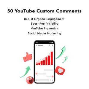 Könnte beinhalten: Werbung für YouTube-Kommentare. Das Bild zeigt ein Smartphone, das einen Kommentarbereich mit einem ansteigenden Diagramm, einem Daumen hoch, einem Herzen und einem lächelnden Gesicht anzeigt. Der Text enthält "50 YouTube Custom Comments" und Marketing-Phrasen.