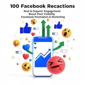 以下が含まれることがあります： 「100 Facebook Reactions」と「Real & Organic Engagement」のテキストが入ったイラスト。スマートフォンには青いグラフが表示され、絵文字、親指を立てたアイコン、上向きの矢印で囲まれており、ソーシャルメディアマーケティングを示唆しています。