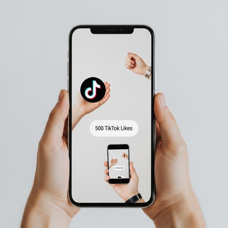 May include: A smartphone displaying a TikTok logo and the text "500 TikTok Likes." The phone is held in two hands, with a smaller image of the phone on the screen. The background is a plain, light gray.