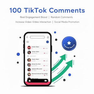 May include: An illustration promoting TikTok comments. The image features a smartphone displaying comments, a blue Premium Service badge, and green arrows. Text includes "100 TikTok Comments" and "Real Engagement Boost."