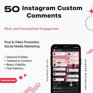 Könnte beinhalten: Werbung für Instagram-Engagement-Dienste. Das Bild zeigt ein Smartphone mit Beispielkommentaren, mit Text-Overlay, das "50 Instagram Custom Comments" und "Echte und personalisierte Interaktion" anzeigt.
