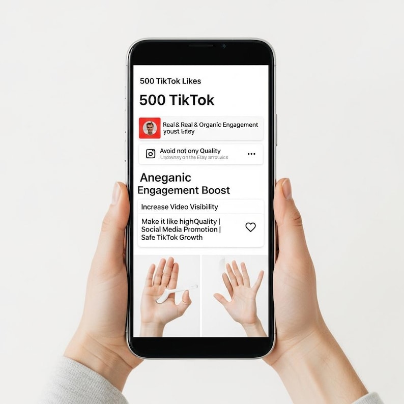 May include: A smartphone displaying a TikTok promotion service. The screen shows text including "500 TikTok Likes," "Aneganic Engagement Boost," and "Increase Video Visibility." The phone is held in two hands against a white background.