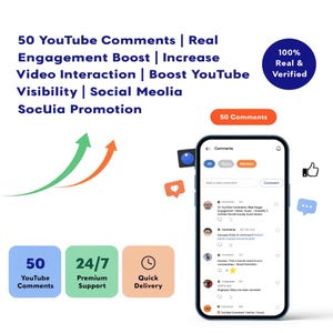 Könnte beinhalten: Werbegrafik für 50 YouTube-Kommentare zur Steigerung von Engagement und Sichtbarkeit. Das Bild zeigt ein Smartphone mit Kommentaren, Icons für Support und schnelle Lieferung. Text: "100% Real & Verified."