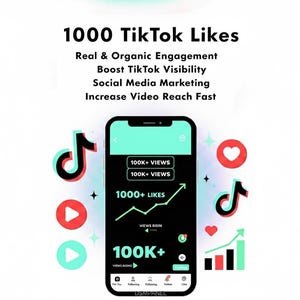 Könnte beinhalten: Werbung für 1000 TikTok-Likes, mit einem Smartphone mit schwarzem Bildschirm und grüner Oberfläche. Der Bildschirm zeigt Metriken wie 100K+ Aufrufe und 1000+ Likes, mit einem ansteigenden Diagramm. Der Text enthält "Echtes und organisches Engagement."