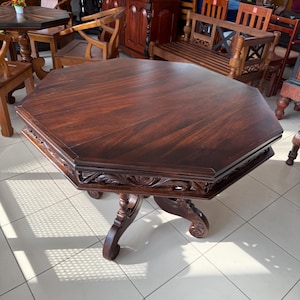 Classic Carved Solid Wood Coffee Table, Handmade Traditional Wooden Table with Ornate Pedestal Base