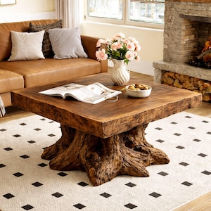 May include: A dark brown, square coffee table with a rough wooden top, supported by a base designed to look like a tree trunk. The table is in a living room, with a leather sofa, rug, and fireplace.