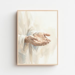 Könnte beinhalten: Aquarelldruck von offenen Händen, Handflächen nach oben, in einem hellen Gewand. Das Kunstwerk ist in einem hellen Holzrahmen gerahmt, vor einem weichen, neutralen Hintergrund. Die Hände sind der Fokus, mit detaillierter Schattierung.