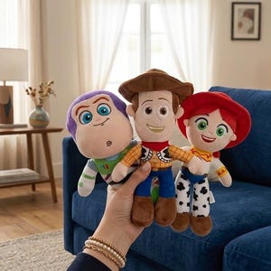 May include: Three plush character dolls from the Toy Story franchise. Buzz Lightyear, Woody, and Jessie are held in front of a blue couch. The dolls have detailed features and are brightly colored.
