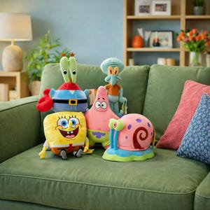 May include: A collection of plush toys featuring characters from the animated series, SpongeBob SquarePants. The toys include SpongeBob, Patrick Star, Mr. Krabs, Squidward, and Gary the snail, arranged on a green sofa. The toys are brightly colored and detailed.