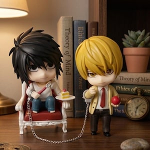 Op de afbeelding: Twee anime-stijl beeldjes. Eén met zwart haar zit in een rode stoel en houdt een vork en cake vast. De andere, met blond haar, houdt een appel vast en is aan de eerste geketend. Boeken en een klok op de achtergrond.