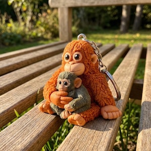 Op de afbeelding: Een sleutelhanger met een grote, oranje orang-oetan die een kleine groene aap vasthoudt. De orang-oetan heeft grote ogen en een vriendelijke uitdrukking. De sleutelhanger is gemaakt van zacht, getextureerd materiaal en is bevestigd aan een zilveren ketting.