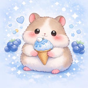 May include: A cartoon hamster with brown and white fur, holding a blue ice cream cone. The background is light blue with sparkles and blueberries. The hamster has pink cheeks and large black eyes.