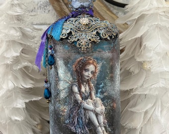 Ornate Dark Fairy Art Bottle  | Gothic Fantasy Decor | Beaded Crystal Dangles OOAK Mixed Media