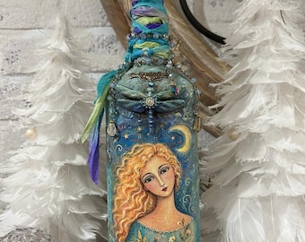 Moon Maiden Textured Art Bottle | Mixed Media Decor | Whimsical Fantasy | Indigo Moon Arts | Dragonfly Rhinestone | OOAK Altered Glass
