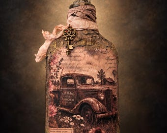 Vintage Truck Bottle, French Farmhouse Decor, Antique Key, Shabby Chic (6.6 oz)