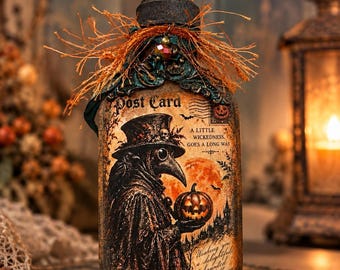 Mini Plague Doctor Halloween Bottle, Brass Pumpkin Topper, Gothic Apothecary Decor, Spooky Raven Art, Mixed Media Collectible