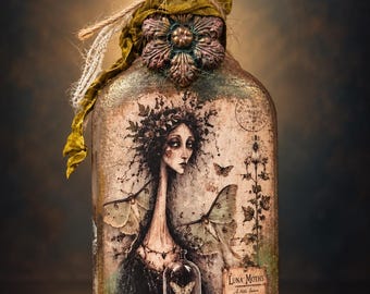 Moth Queen Decorative Art Bottle, Handmade Mixed Media Bottle, Vintage Moth Art, Bohemian Gothic Decor, Indigo Moon Arts