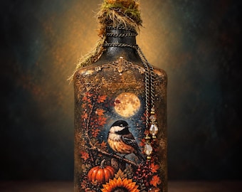 Moody Fall Harvest Bottle, Autumn Sparrow Decor, Upcycled Glass Bottle, Sunflower Pumpkin Art, Moonlit Woodland Decor, Indigo Moon Arts