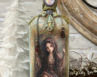 Altered Bohemian Girl Art Bottle | Shabby Cottagecore Mixed Media Decor