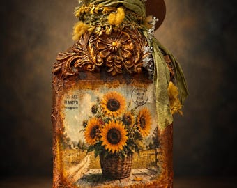 Fall Decorative Bottle, Rustic Autumn Decor, Small Glass Bottle, Upcycled Fall Art, Handmade Home Decor, Indigo Moon Arts
