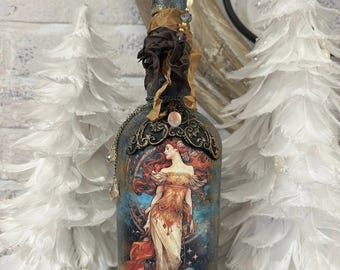 Art Nouveau Goddess Mixed Media Bottle, Dark Romantic Boho Decor