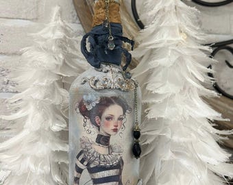 Victorian Girl Art Bottle, Gothic Romantic Mixed Media Decor, Handmade Statement Piece