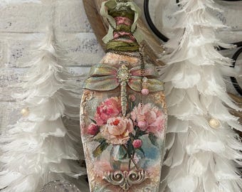 Floral Art Bottle with Dragonfly | Shabby Chic Romantic Cottage Decor (OOAK)