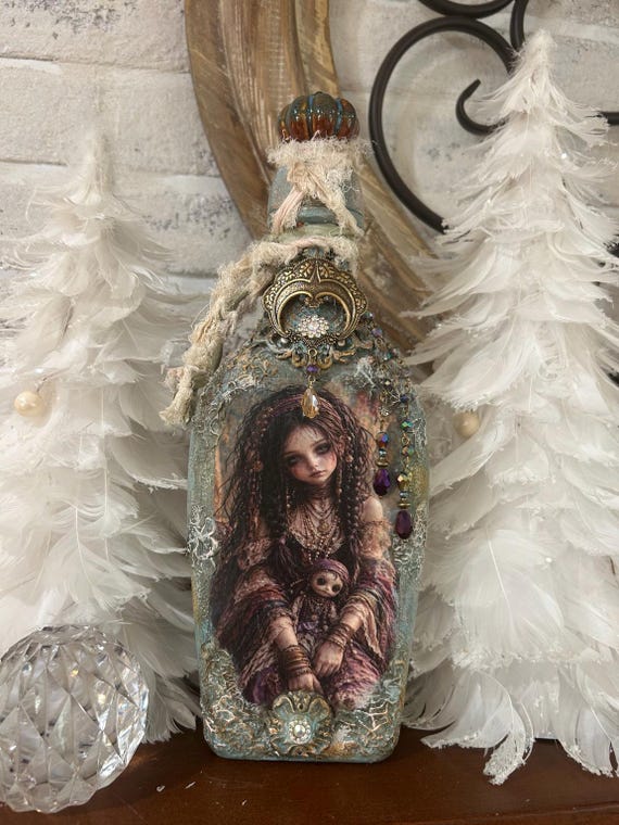Altered Art Bottle Decor | Broken Parlor Doll, Sari Ribbon, Glass Jewelry Chain, OOAK